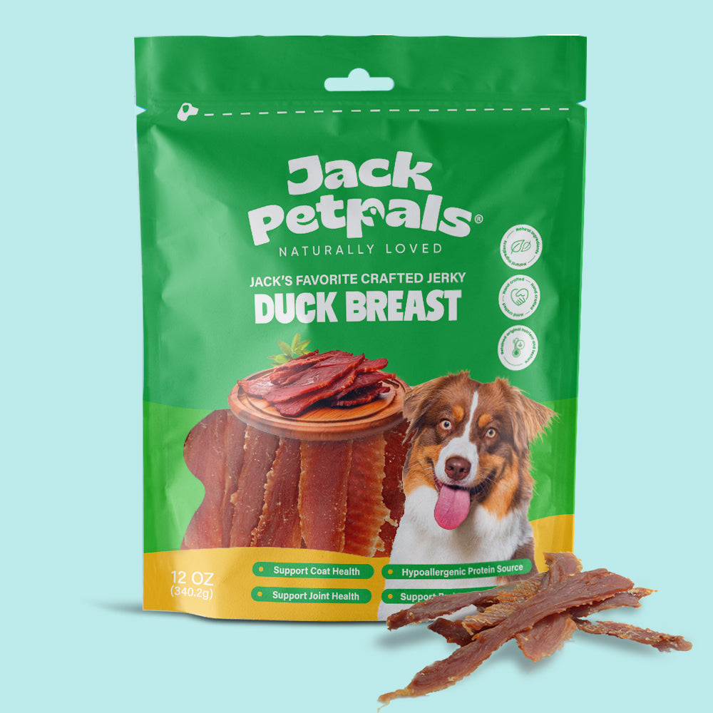 Jack Petrals duck breast dog treats by American Pet Supplies in green packaging with a happy dog image