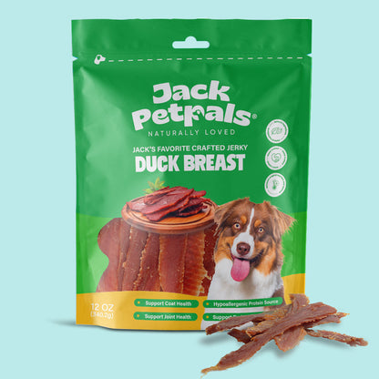 Jack Petrals duck breast dog treats by American Pet Supplies in green packaging with a happy dog image