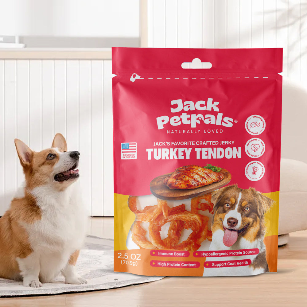 Jack Petrals turkey tendon dog treats in resealable red and yellow bag with two dogs beside it