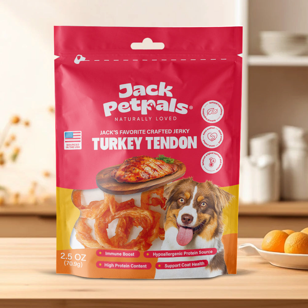 American Pet Supplies turkey tendon dog treats by Jack Petals in resealable pink and yellow bag with dog image