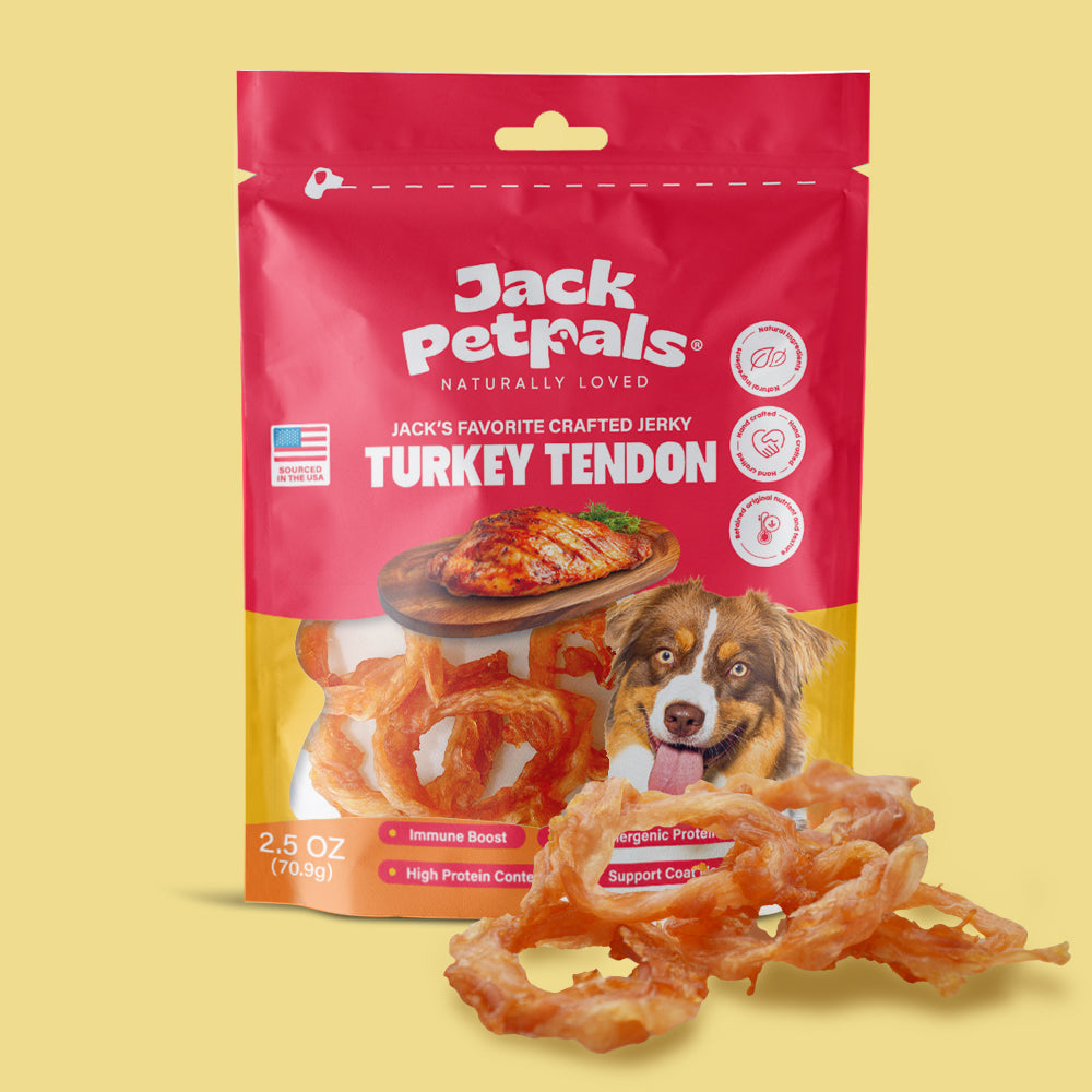 American Pet Supplies Jack Petrals turkey tendon dog treats in resealable red package with dog image