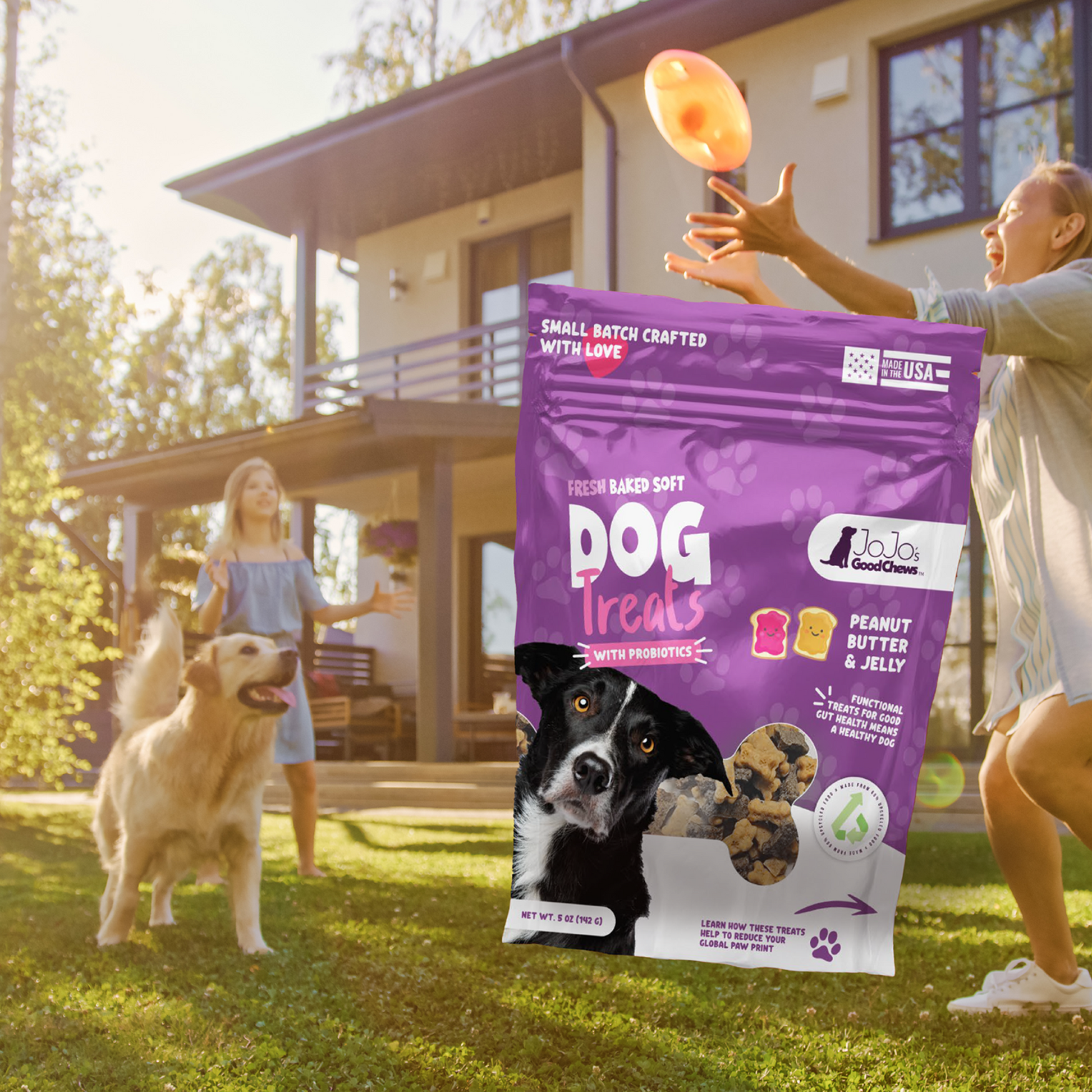 American Pet Supplies peanut butter and jelly dog treats bag with two kids and a dog playing outdoors