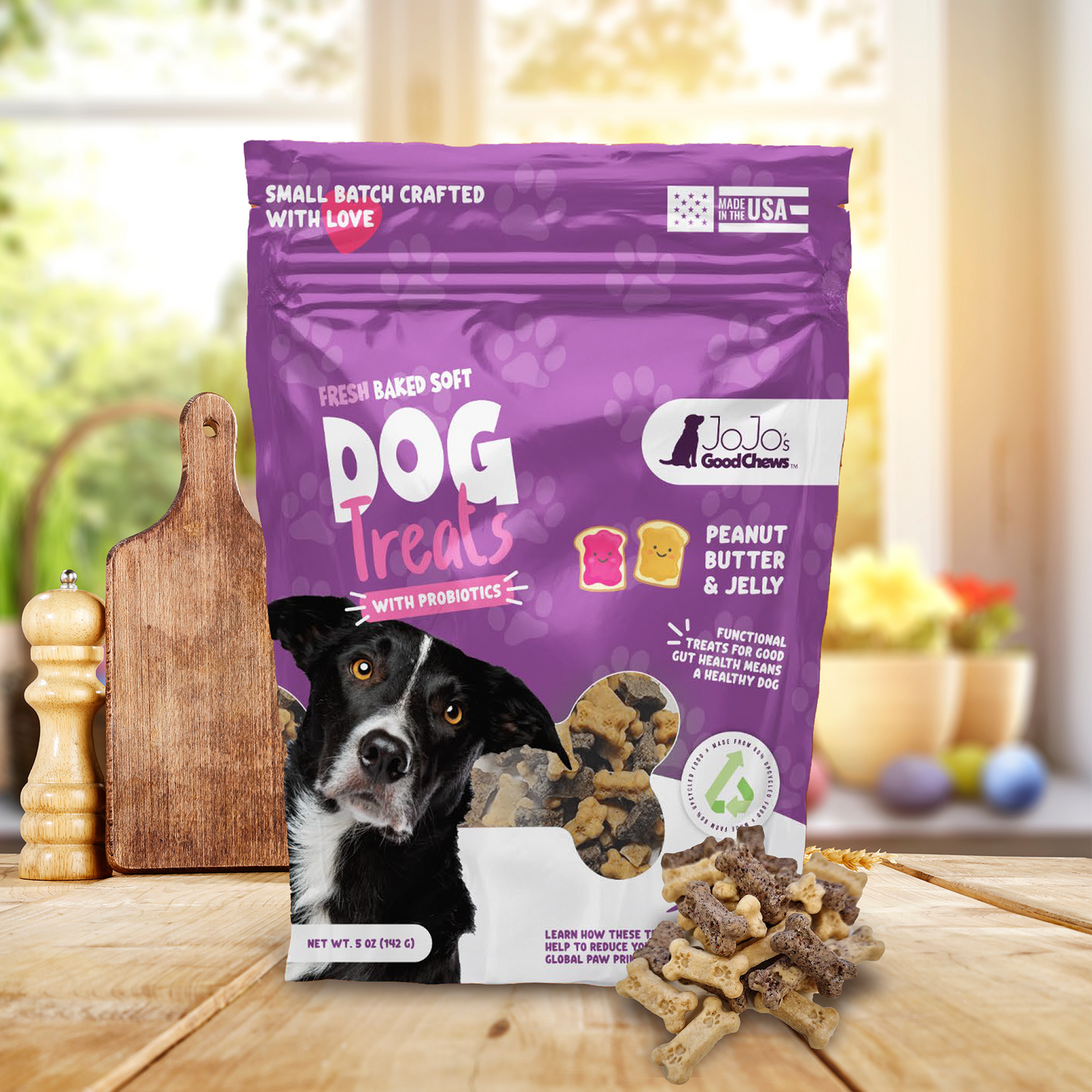 American Pet Supplies peanut butter and jelly dog treats in purple resealable bag with black dog in front