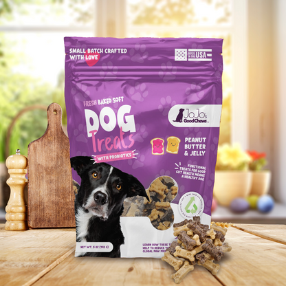 American Pet Supplies peanut butter and jelly dog treats in purple resealable bag with black dog in front