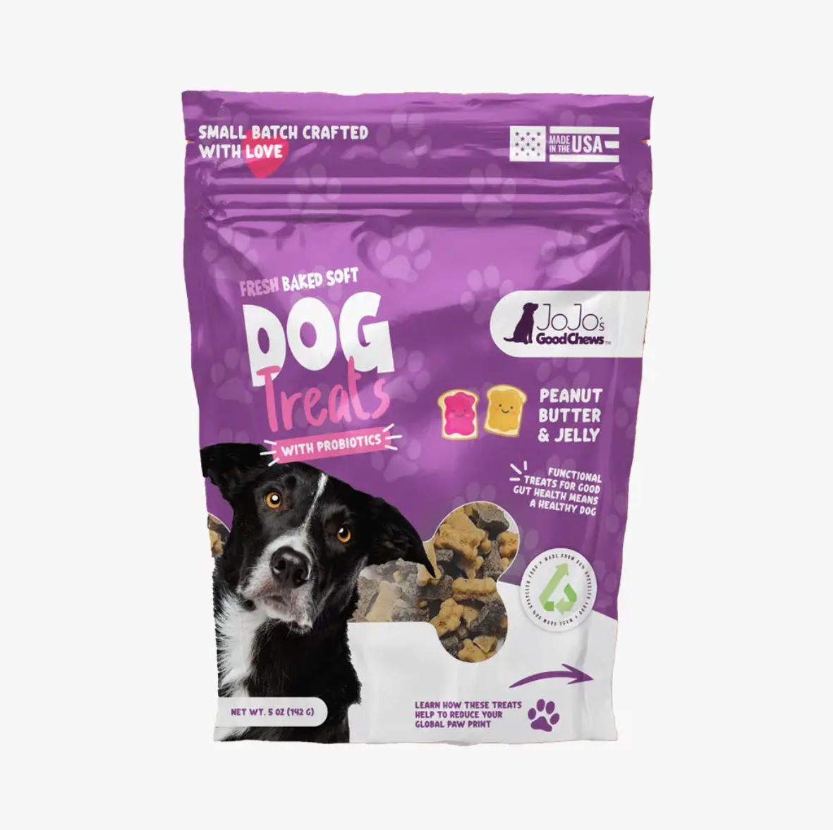 American Pet Supplies peanut butter and jelly dog treats in purple resealable bag with dog image