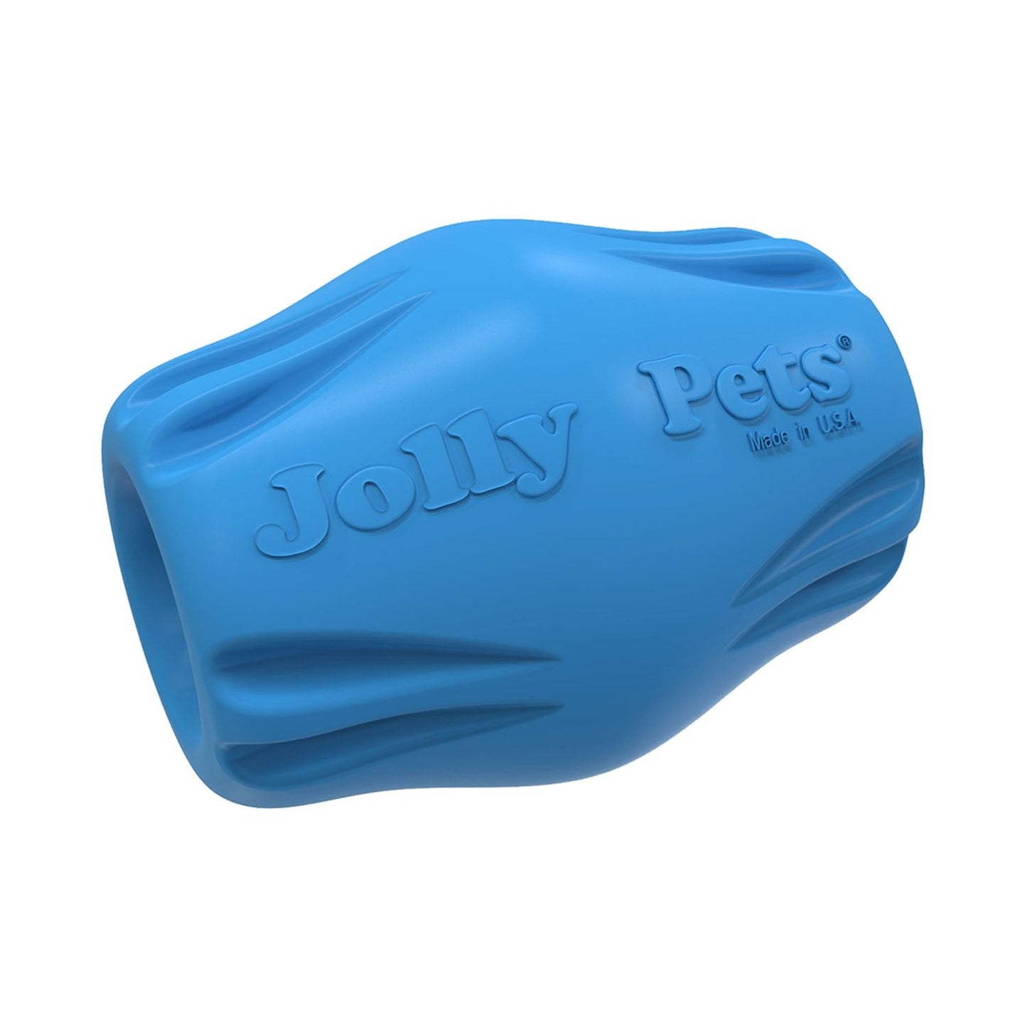 Jolly Chew Bobble dog toy in blue, designed for fetching and chewing to keep dogs entertained