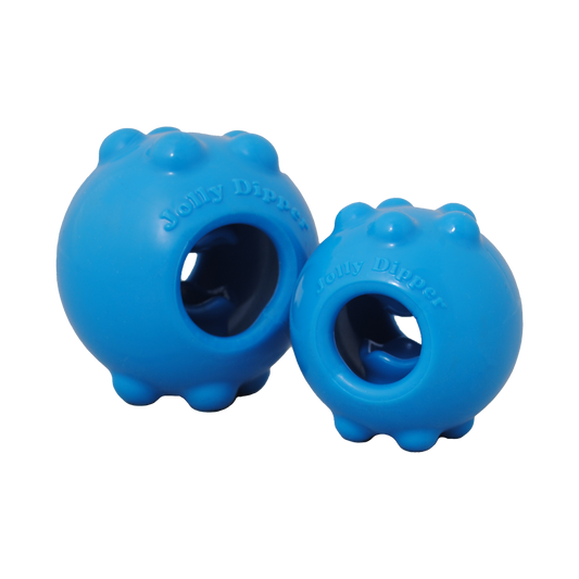 Jolly Dipper dog toy in blue, designed for interactive play and easy retrieval for your dog