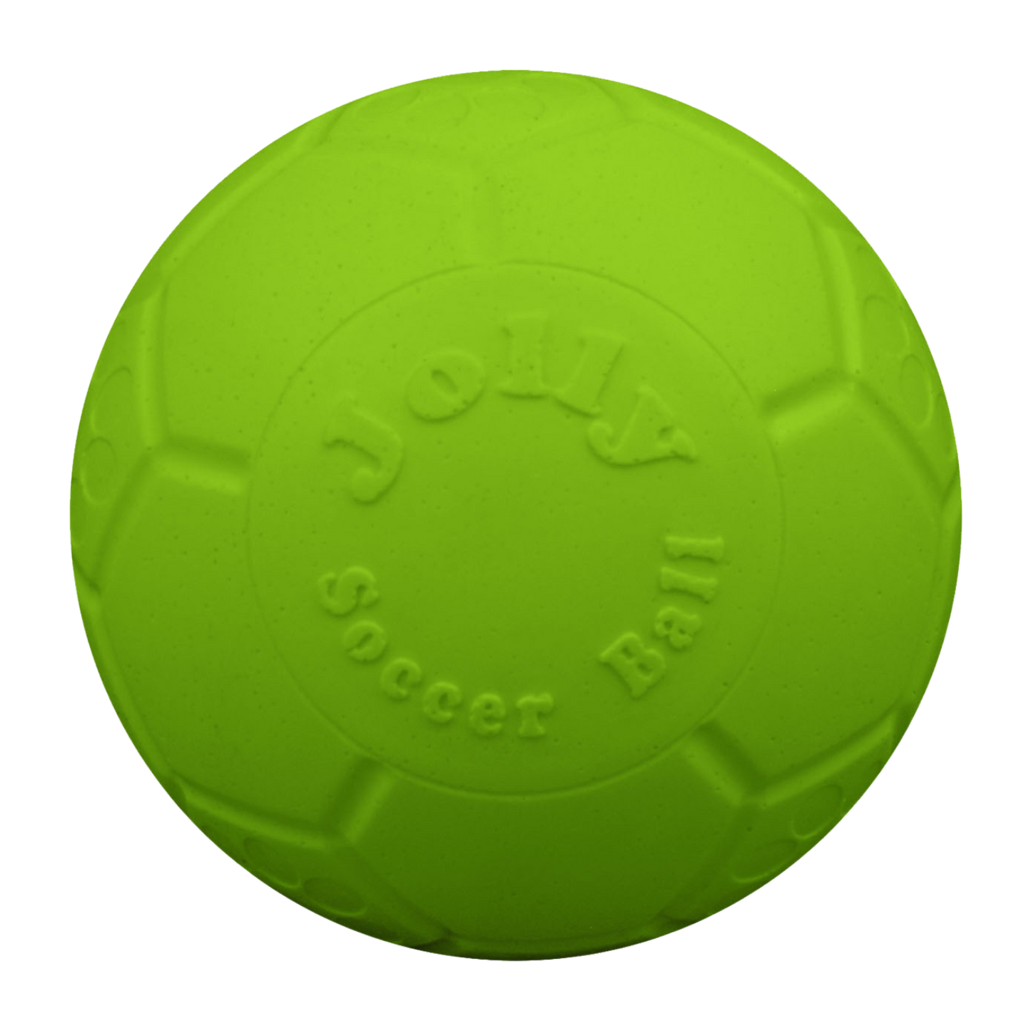 Bright green Jolly Pets dog soccer ball designed for fun and durable playtime