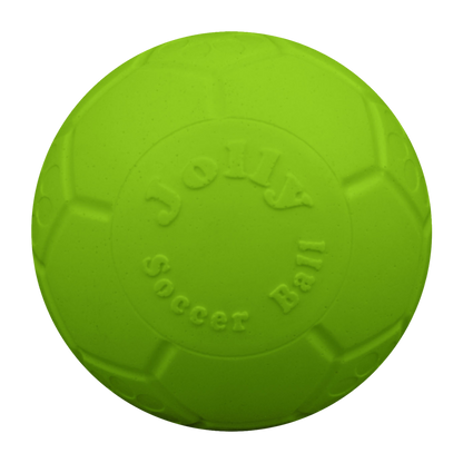 Bright green Jolly Pets dog soccer ball designed for fun and durable playtime