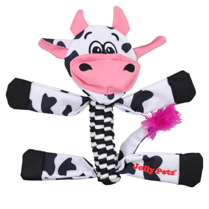 Jolly Pets dog chew toy flathead in cow design with fun colors and durable fabric for dogs