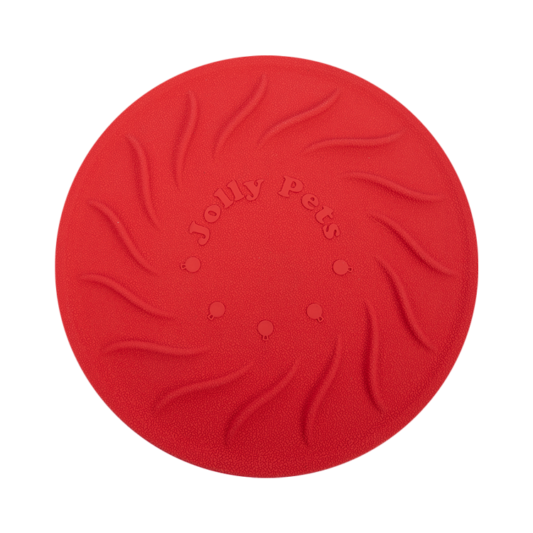 Jolly Tuff Flyer dog toy in red, designed for durable play and fetching activities