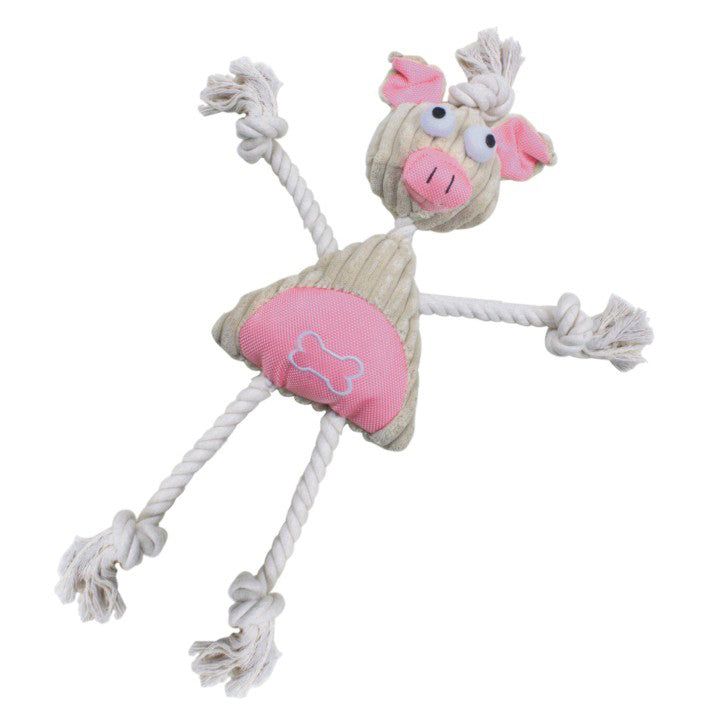 Jute rope dog toy shaped like a pig with pink details and knotted rope limbs for chewing