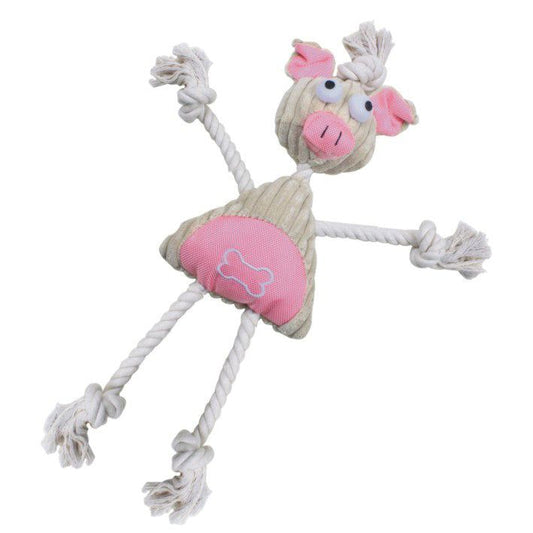 Jute rope dog toy shaped like a pig with pink details and knotted rope limbs for chewing