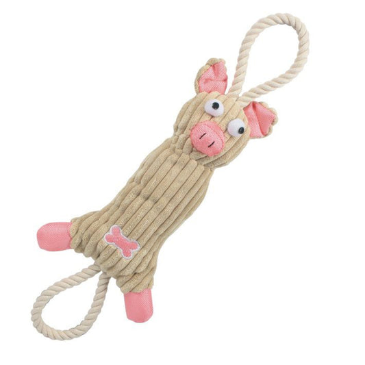 Jute rope pig dog toy with soft beige body, pink ears, snout, and rope loops for tugging and chewing