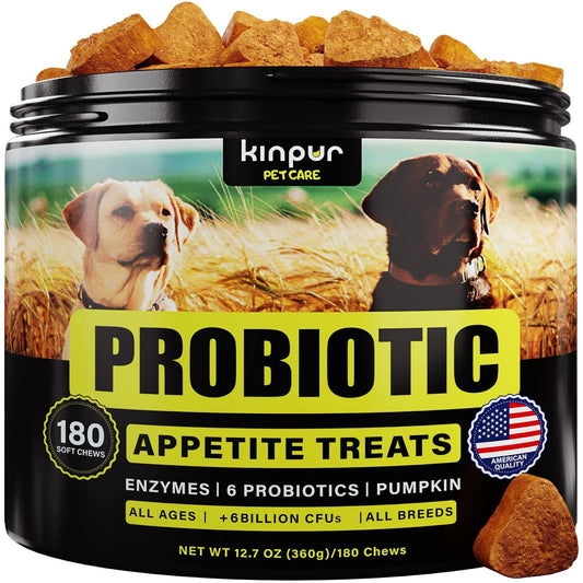 Kinpur Probiotic Appetite Treats for dogs with enzymes and pumpkin dog probiotics for itchy skin in black container