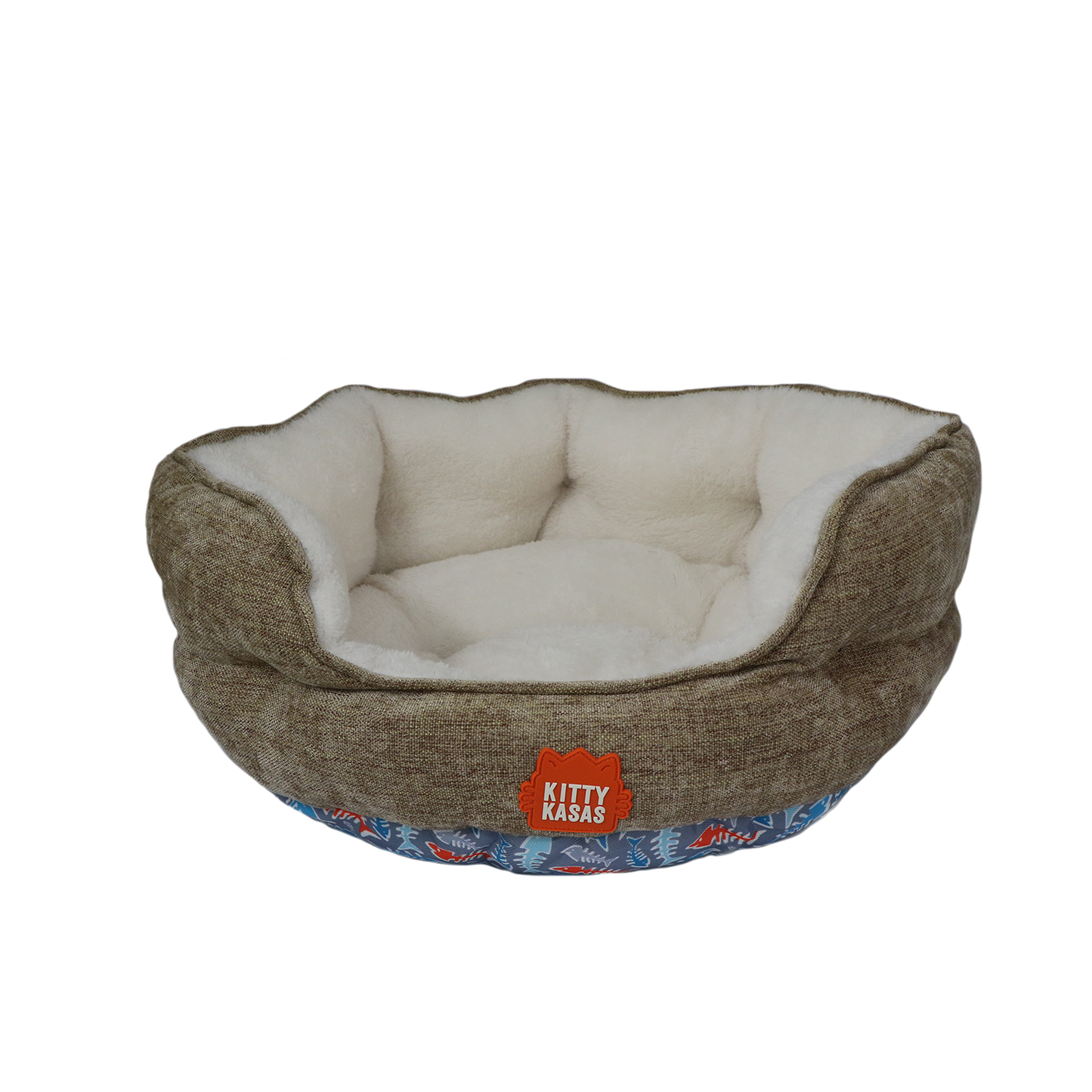 Cozy Kitty Kasa Bolster Cat Bed with plush interior and unique print for comfortable lounging