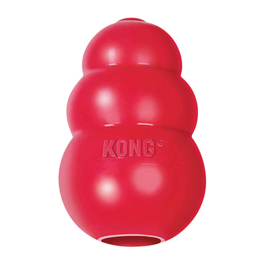 Red Kong Classic dog toy made of durable rubber for chewing and interactive play