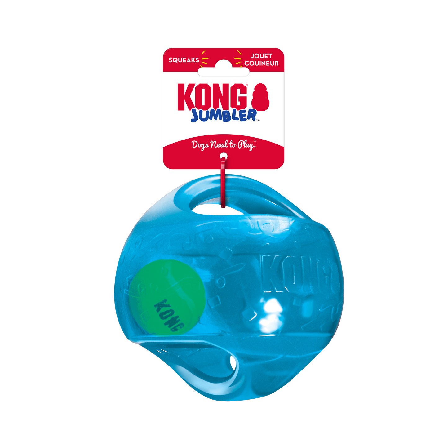 Kong Jumbler Ball dog toy in blue with a green squeaky ball inside by The Family Pet