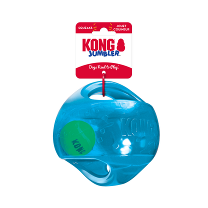 Kong Jumbler Ball dog toy in blue with a green squeaky ball inside by The Family Pet
