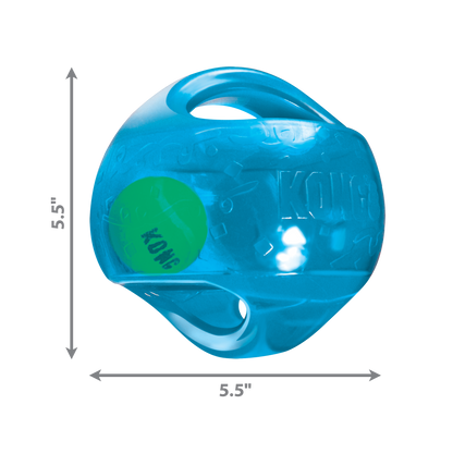 The Family Pet Kong Jumbler Ball dog toy in blue with a green ball inside and built-in handles