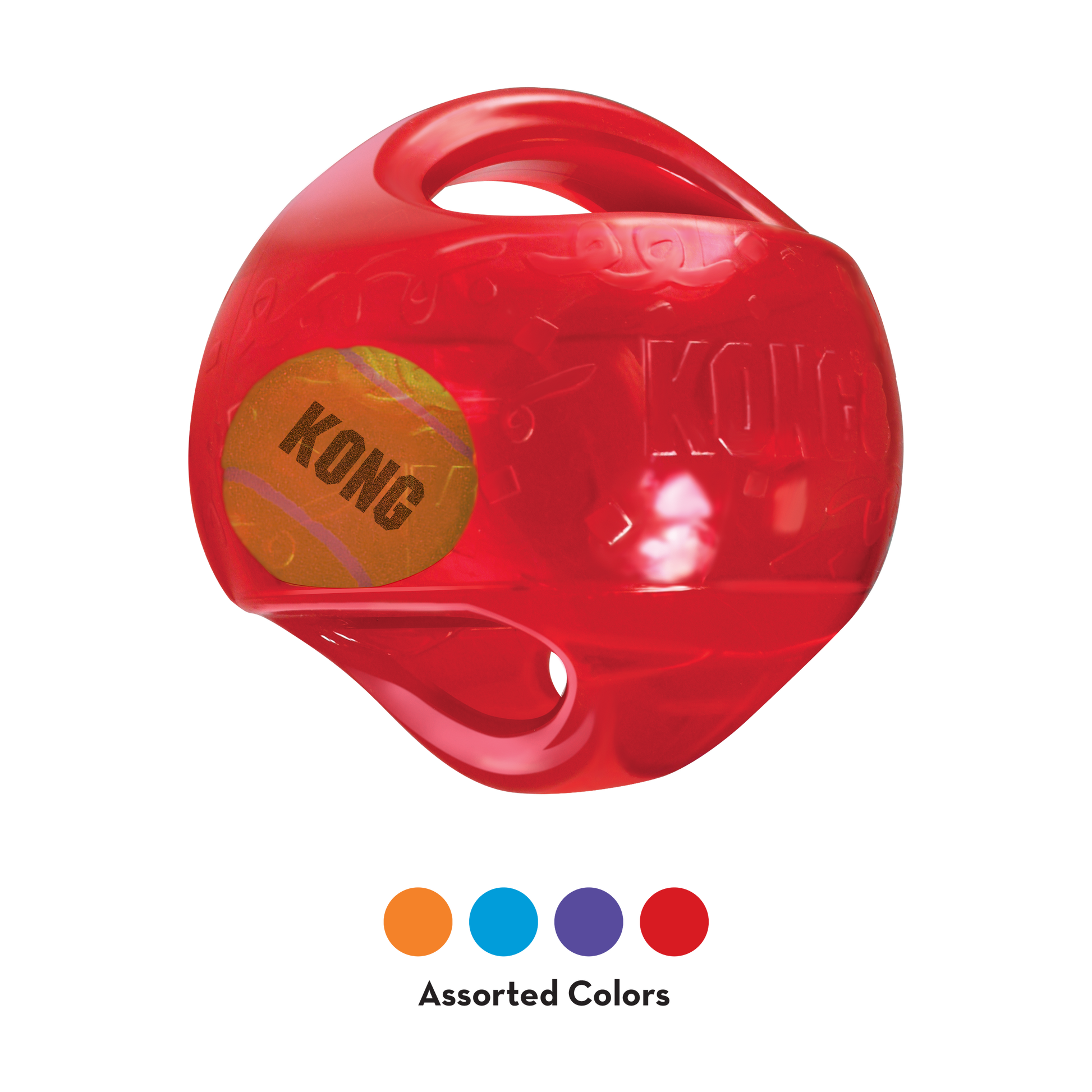 Red Kong Jumbler Ball dog toy with handle cutouts and tennis ball inside for interactive play