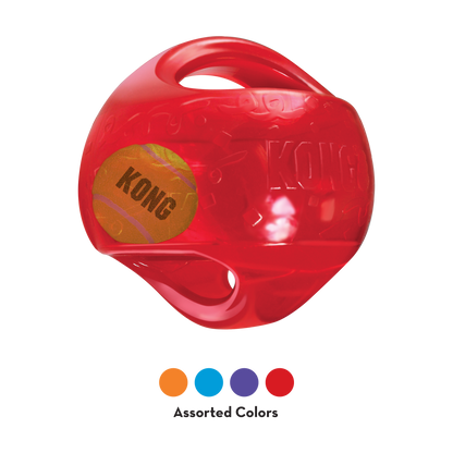 Red Kong Jumbler Ball dog toy with handle cutouts and tennis ball inside for interactive play