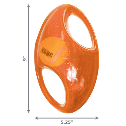 Kong Jumbler Football dog toy in orange with two handles and a small ball inside for interactive play