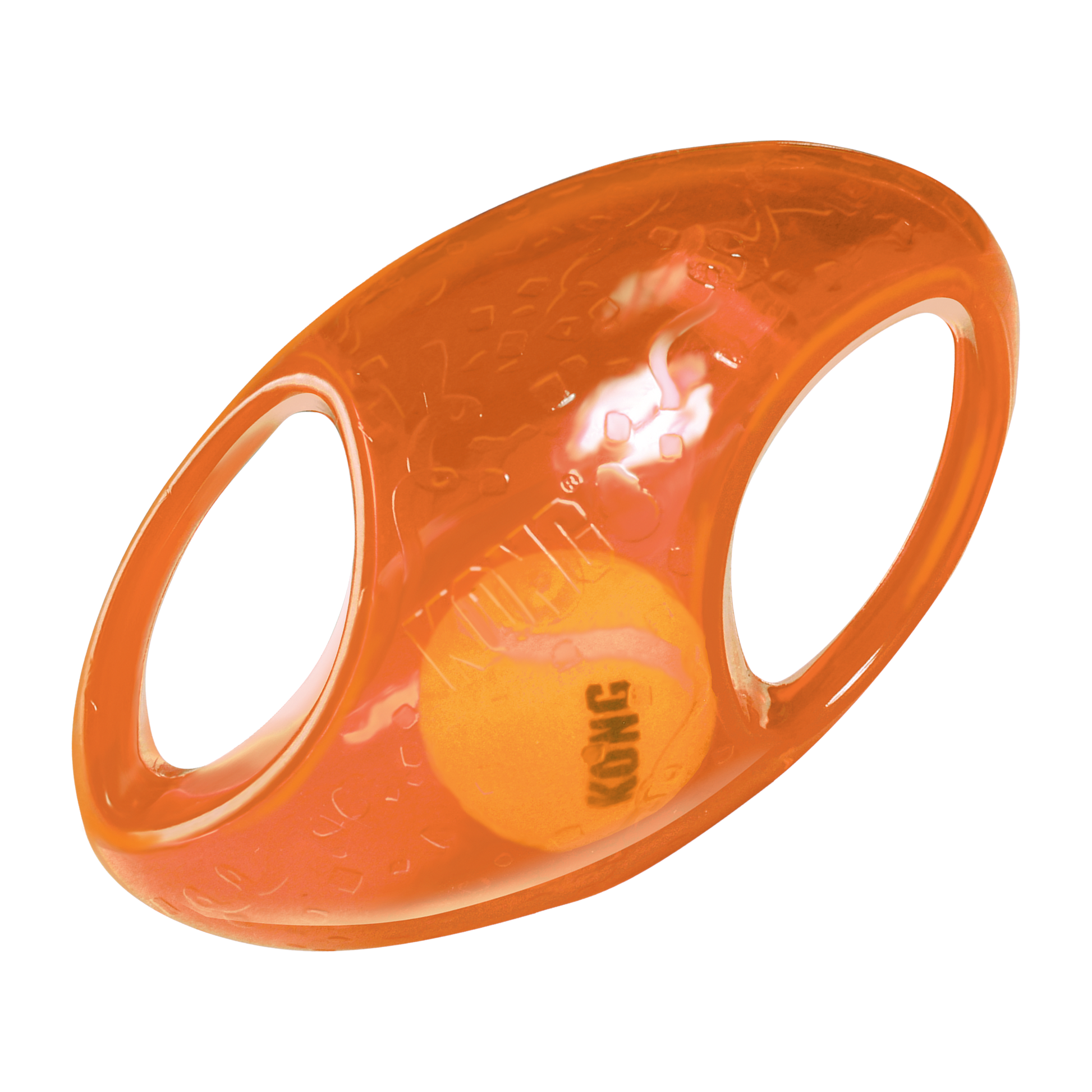 The Family Pet Kong Jumbler Football dog toy in orange with squeaky tennis ball inside