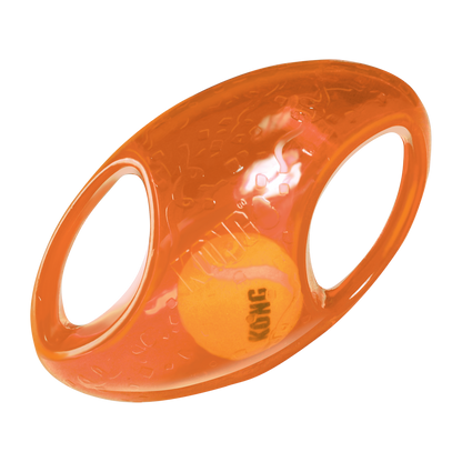 The Family Pet Kong Jumbler Football dog toy in orange with squeaky tennis ball inside