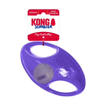 Kong Jumbler Football dog toy in purple with tennis ball inside for interactive dog play