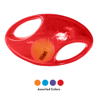 The Family Pet Kong Jumbler Football dog toy in red with orange ball inside for interactive play