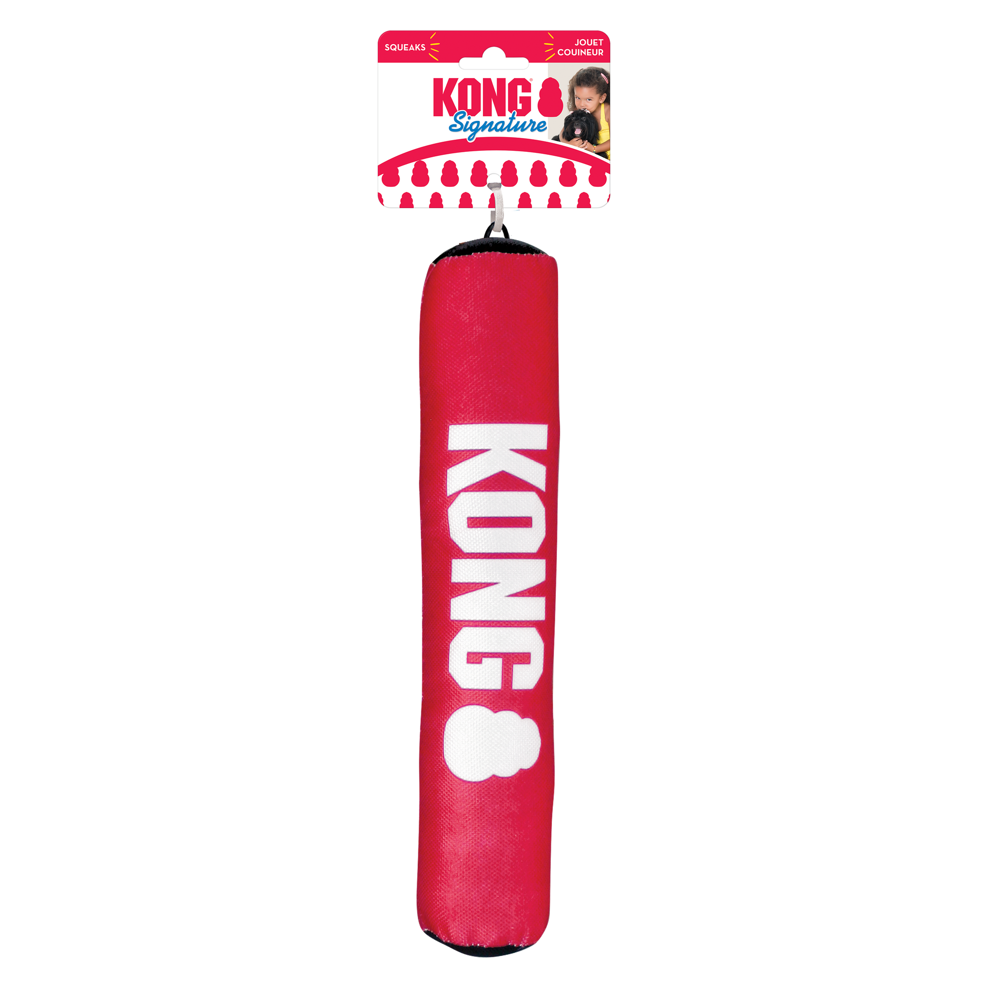 Red Kong Signature Stick dog toy by The Family Pet with durable material and squeaker inside