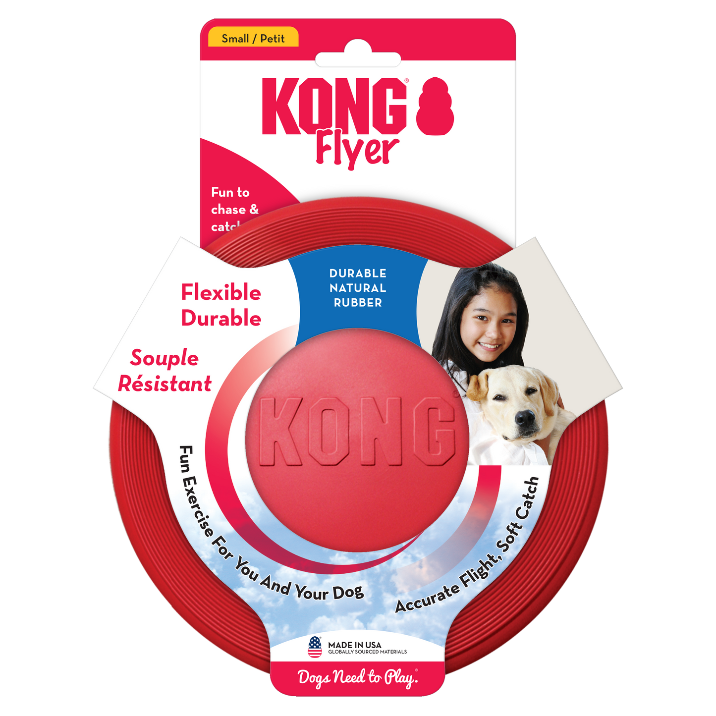 Kong red rubber flyer for dogs, a flexible and durable toy designed for fun fetch games
