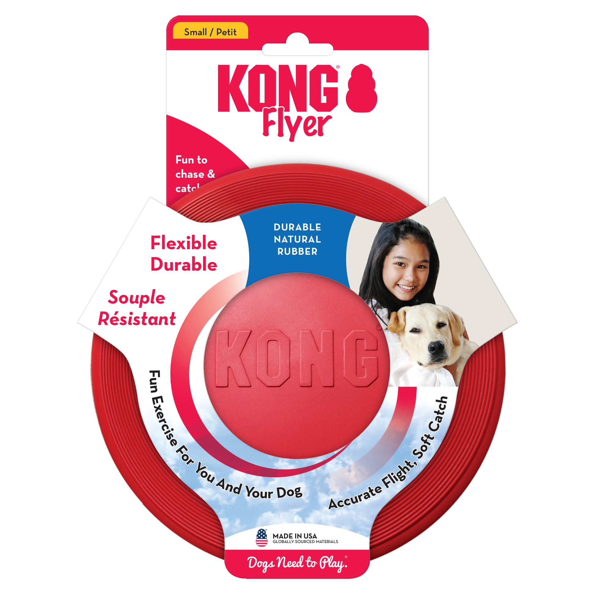 Kong red rubber flyer for dogs, a flexible and durable toy designed for fun fetch games