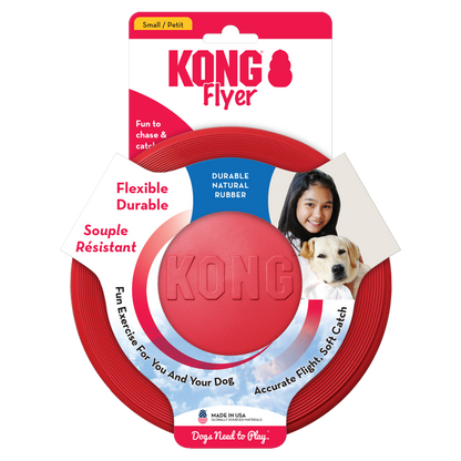 Kong red rubber flyer for dogs, a flexible and durable toy designed for fun fetch games