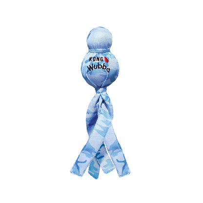 Kong Wubba Camo dog toy in blue with durable fabric and multiple tails for interactive play