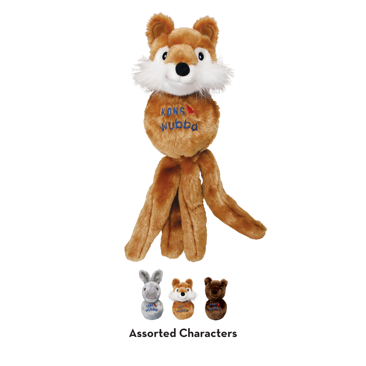 Kong Wubba Friends dog toy in fox design with soft plush and floppy legs for playful fun
