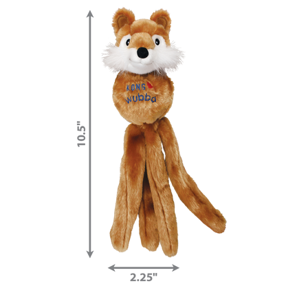 Kong Wubba Friends dog toy in brown with a fox design and long fabric tails for interactive play