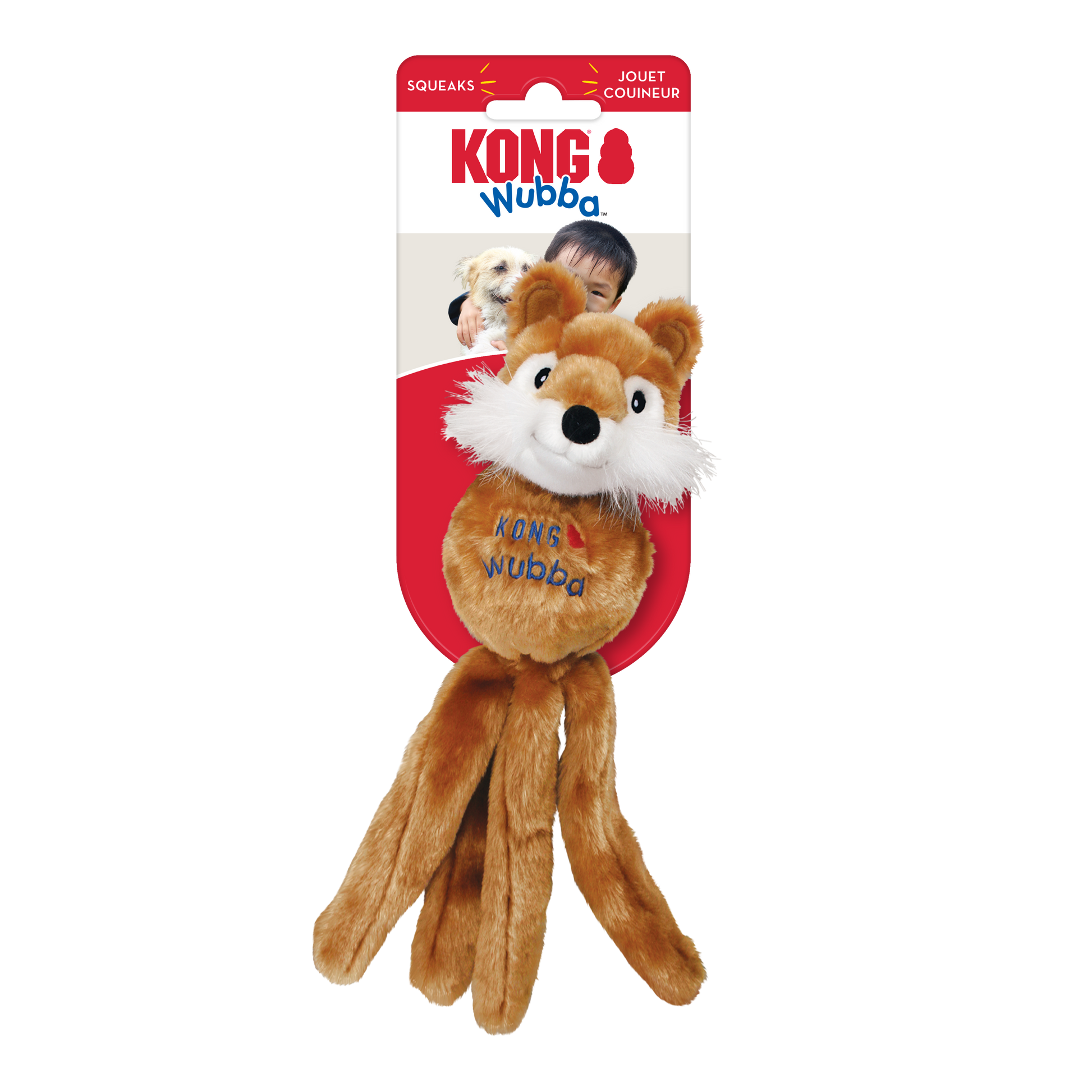 Kong Wubba Friends dog toy in fox design with squeaker and soft fabric for pets