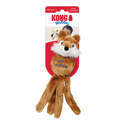 Kong Wubba Friends dog toy in fox design with squeaker and soft fabric for pets