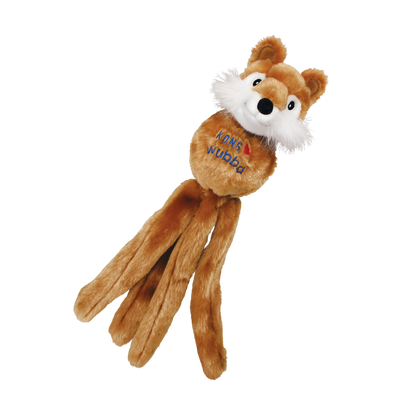 Kong Wubba Friends dog toy featuring a plush fox design with long, floppy tails for interactive play