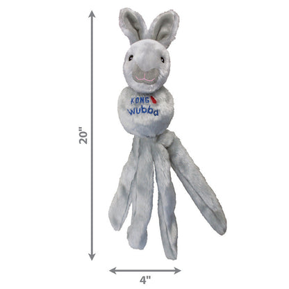 Kong Wubba Friends dog toy in gray featuring a soft bunny design with long floppy arms