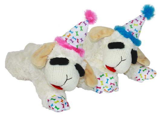 Lamb Chop birthday dog toy featuring a soft design with colorful party hats for playful pups