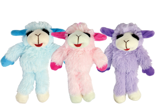 The Family Pet large lamb chop dog toy in blue pink and purple soft plush designs