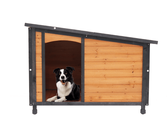 Large weatherproof dog house made of wood with black trim and a dog inside