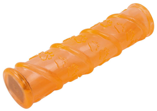 Orange LED glow dog chew toy with textured paw prints for interactive pet play