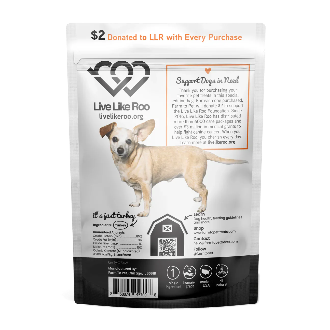 The Family Pet turkey chips dog treats packaging, featuring a happy dog and donation support details