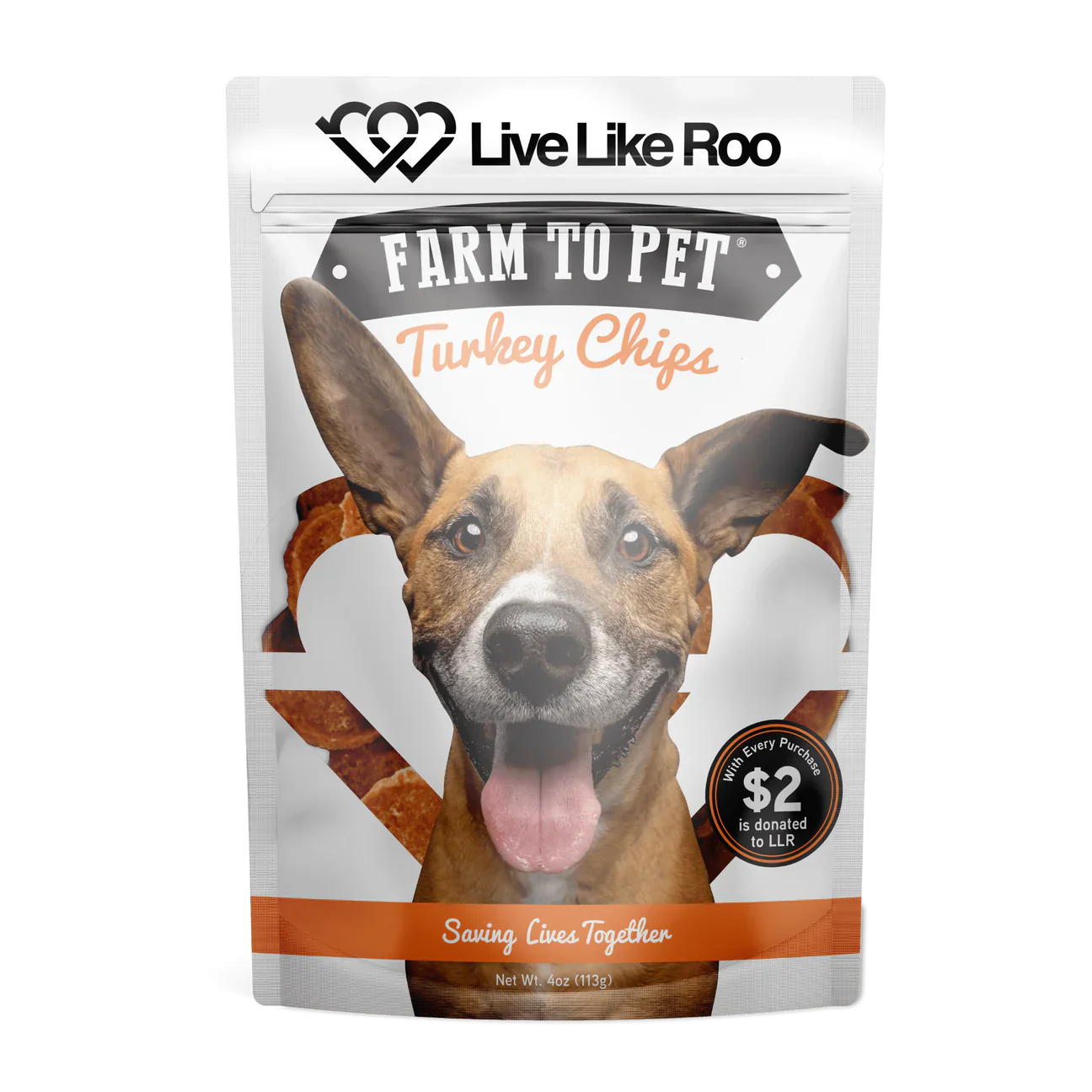 The Family Pet turkey chips dog treats in a bag featuring a happy dog with crispy turkey chip pieces
