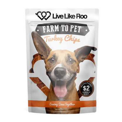 The Family Pet turkey chips dog treats in a bag featuring a happy dog with crispy turkey chip pieces