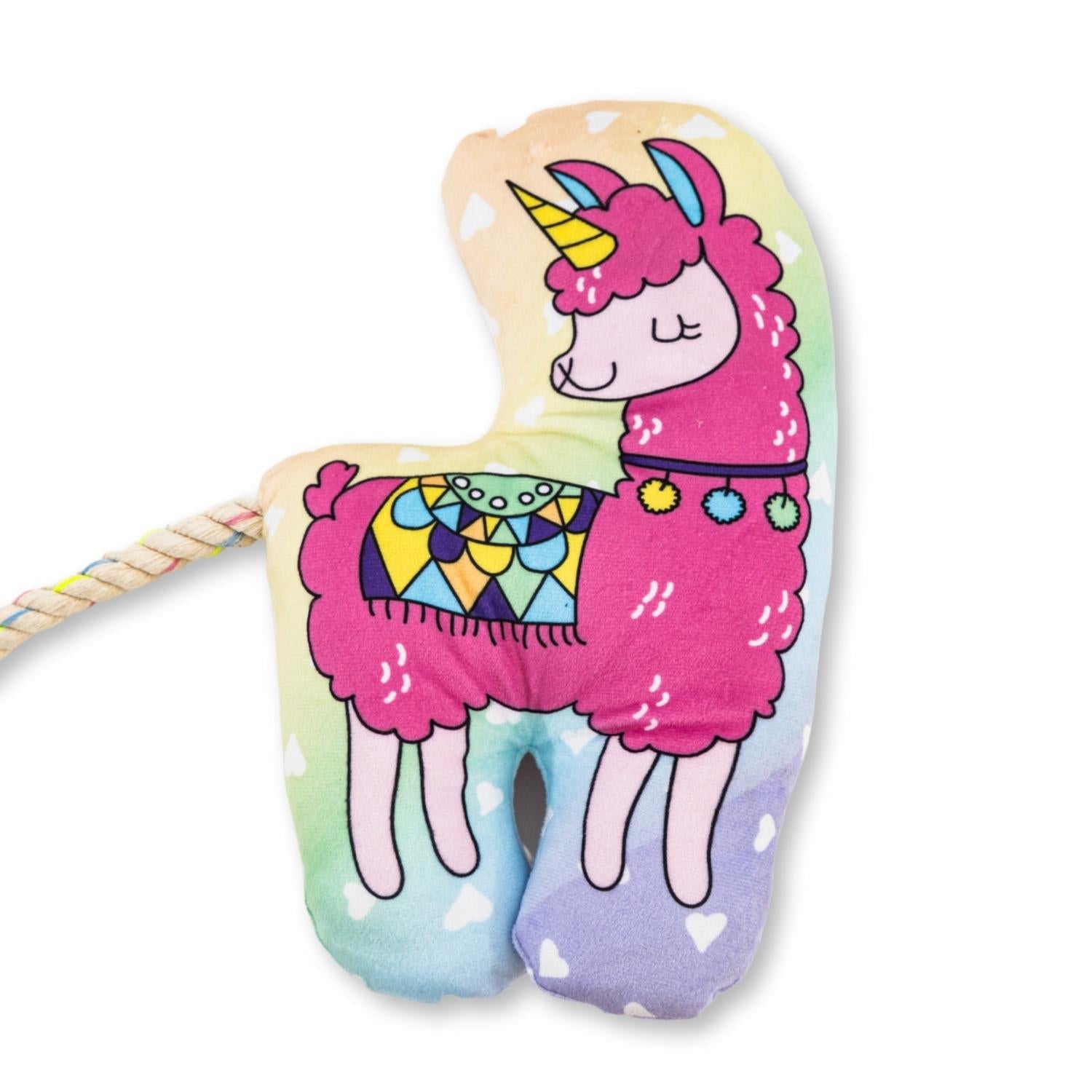 Colorful llama plush dog toy with a soft texture and rope for playful dogs